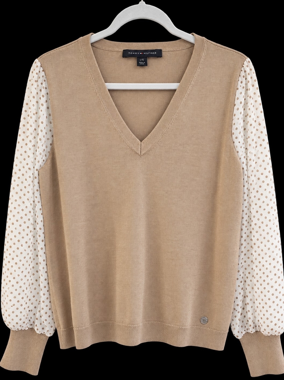 Tommy Hilfiger Tan V-Neck Sweater with Cream Polka Dot Sleeves